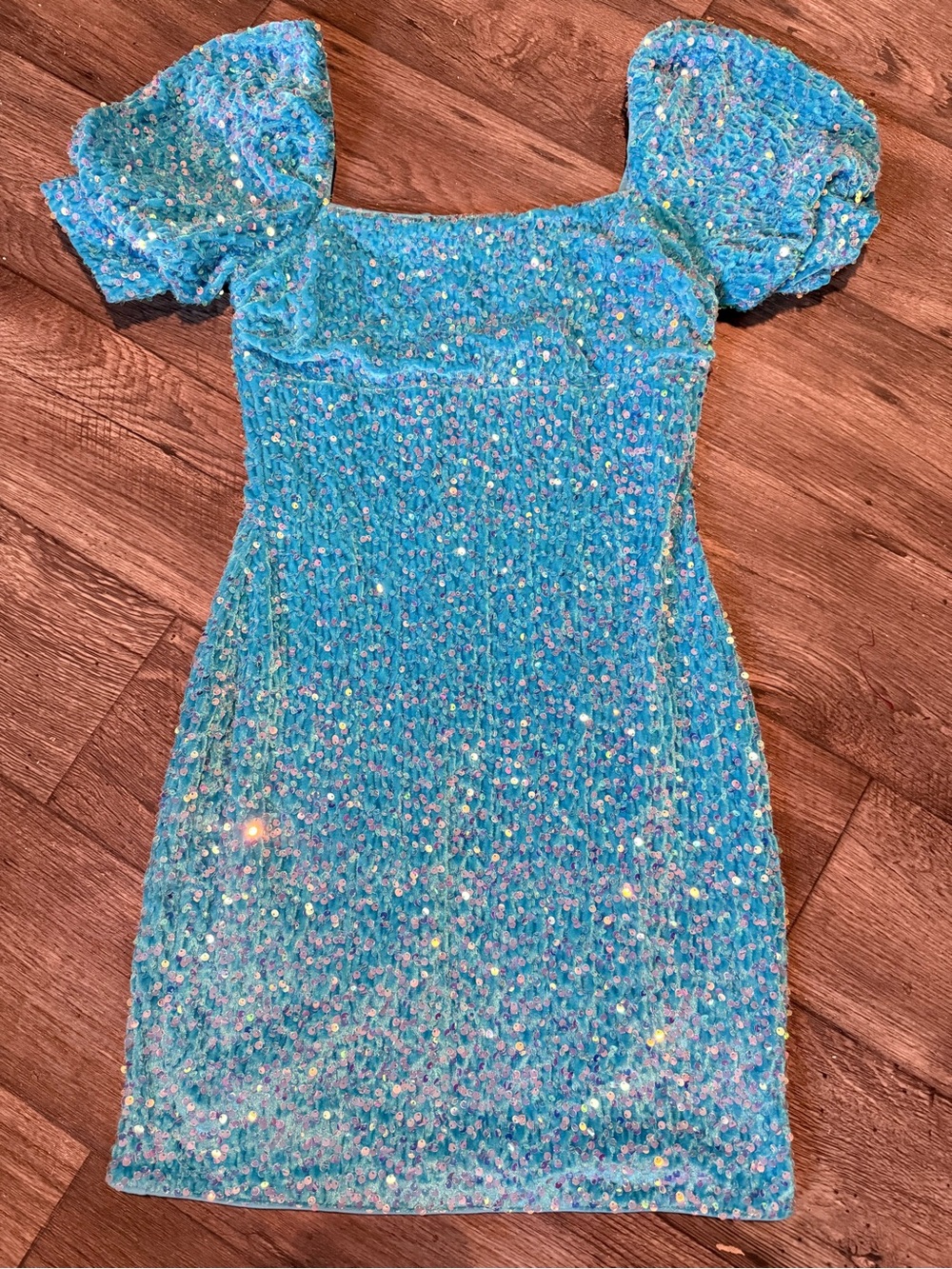 Lena Turquoise Sequin Puff-Sleeve Mini Dress
